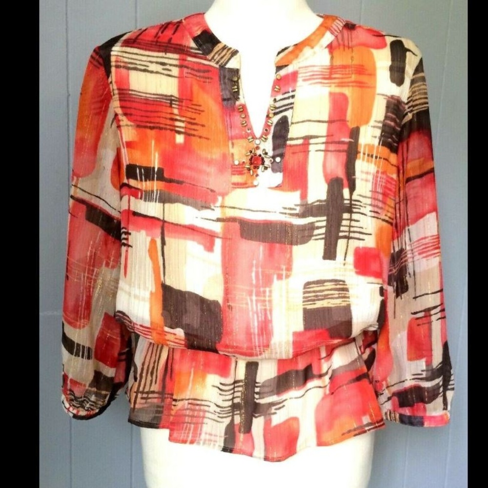 BoHo Ethnic Print Flounce Blouse Top Beaded Sheer